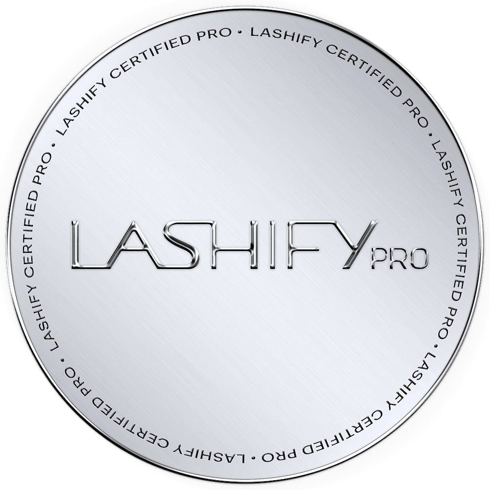 Round "LASHIFY PRO" certified badge with metallic finish.