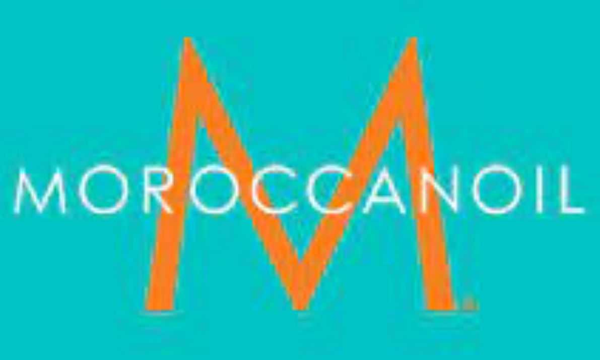 Moroccanoil brand logo with stylized 'M' on a turquoise background.